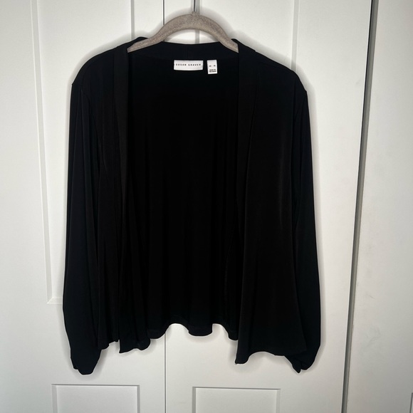 Susan Graver Sweaters - Susan Graver Liquid Knit Ruched 3/4 Button Sleeve Black Open Cardigan Women's XL
